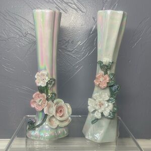 Vintage Lusterware Bud Vase with Applied Flowers Set of Two